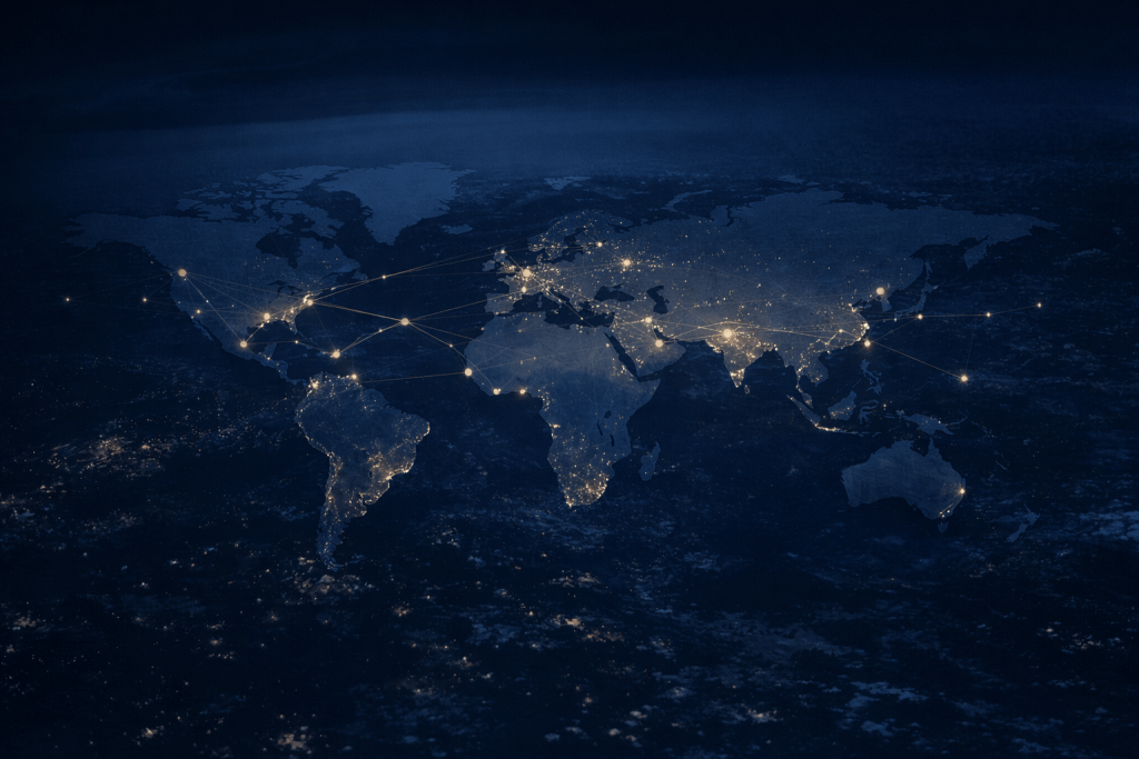 Global trade network at night
